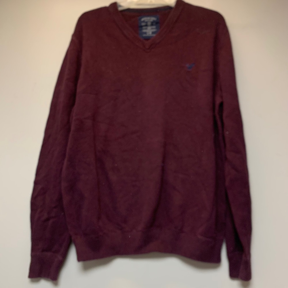 American Eagle Sweater Mens Large Burgundy Good V-Neck Cotton Knit Pullover